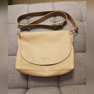 LOUENHIDE- Tan Textured Crossbody Bag, Wide cross body Strap
